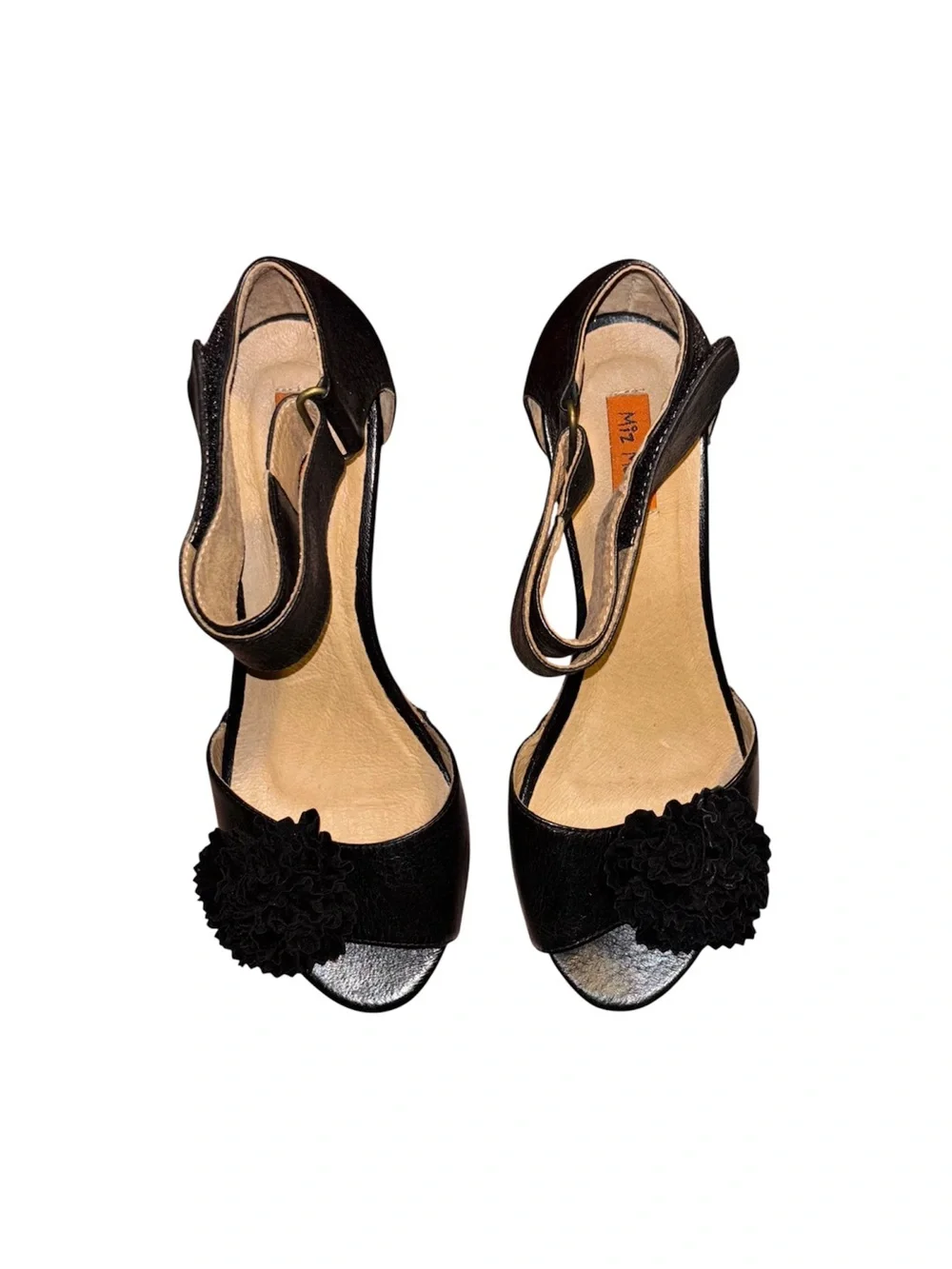 Miz Mooz Yona Leather Black Open-Toe Ankle Strap Heels with Floral Pom Detail